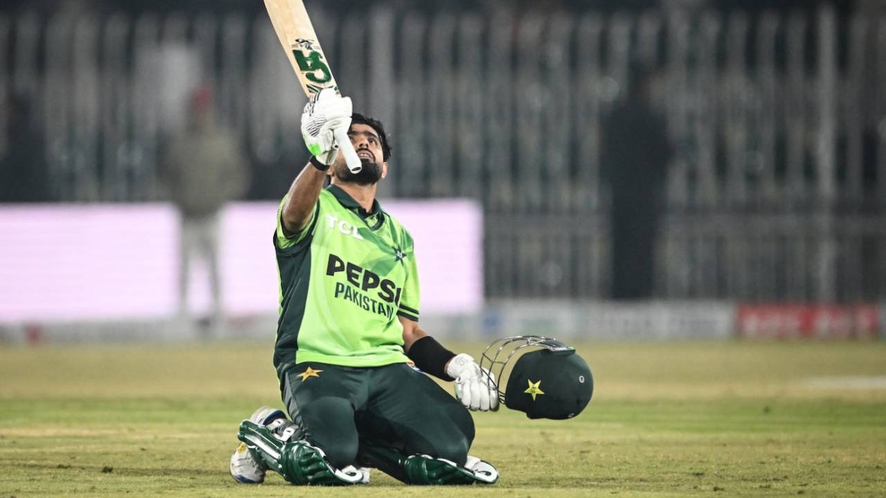 The relief is palpable on his face after Babar Azam completes his century after a long wait, Pakistan vs Sri Lanka, 2nd ODI, Rawalpindi, November 14, 2025