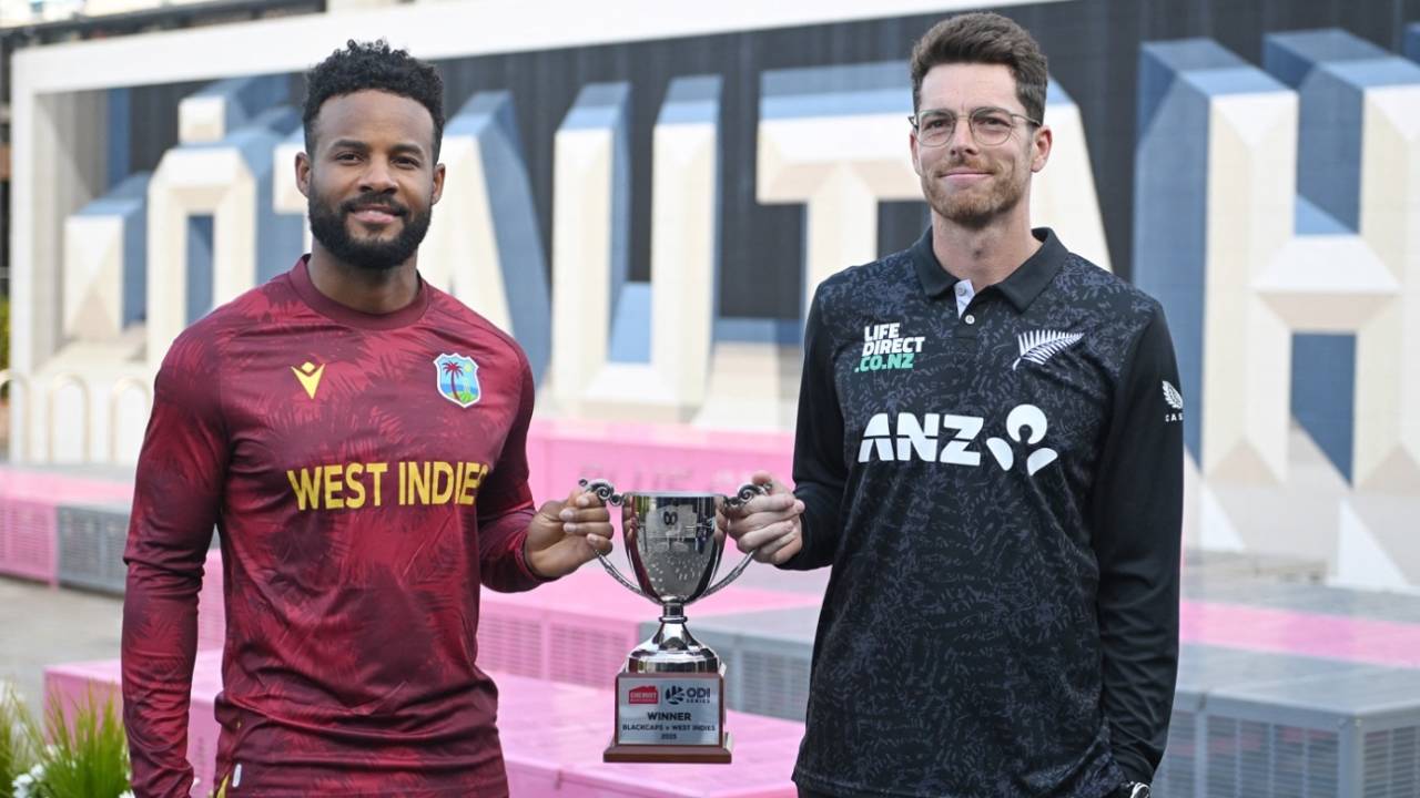 Shai Hope and Mitchell Santner with the ODI series trophy, New Zealand vs West Indies, Christchurch, November 14, 2025