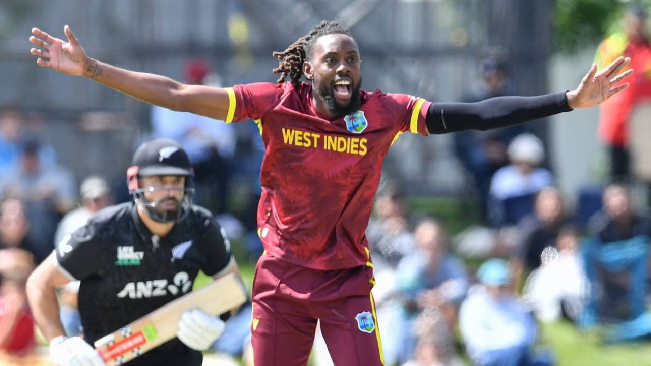 Shamar Springer goes up in appeal, New Zealand vs West Indies, 1st ODI, Christchurch, November 16, 2025