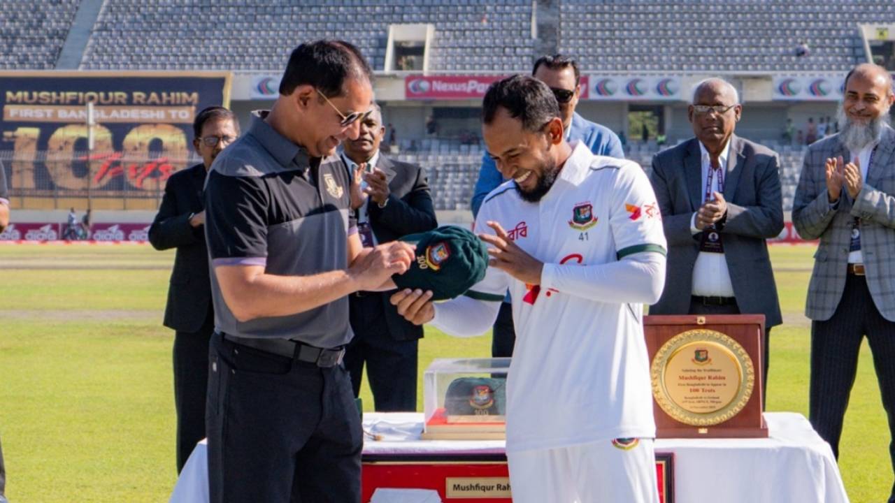 Mushfiqur Rahim is presented with his 100th Test cap by Habibul Bashar, Bangladesh vs Ireland, Day 1, 2nd Test, Mirpur, November 19, 2025 