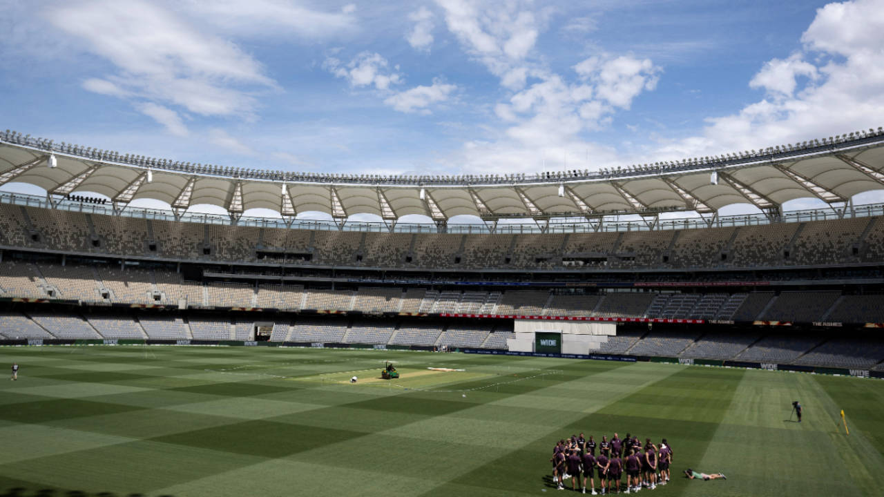 The pitch at Optus Stadium is the subject of plenty scrutiny ahead of the Ashes opener, Perth, November 19, 2025