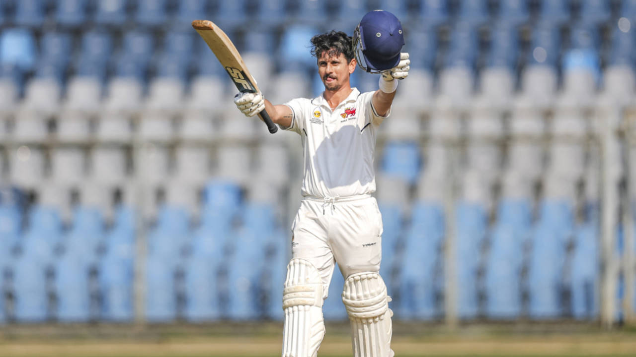Siddhesh Lad celebrates his century, Mumbai vs Puducherry, Ranji Trophy, 2nd day, Mumbai, November 18, 2025
