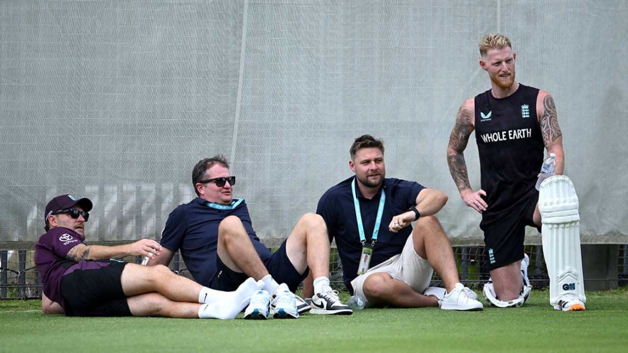 Brendon McCullum, Rob Key, Luke Wright and Ben Stokes look on at training, Perth Stadium, November 20, 2025