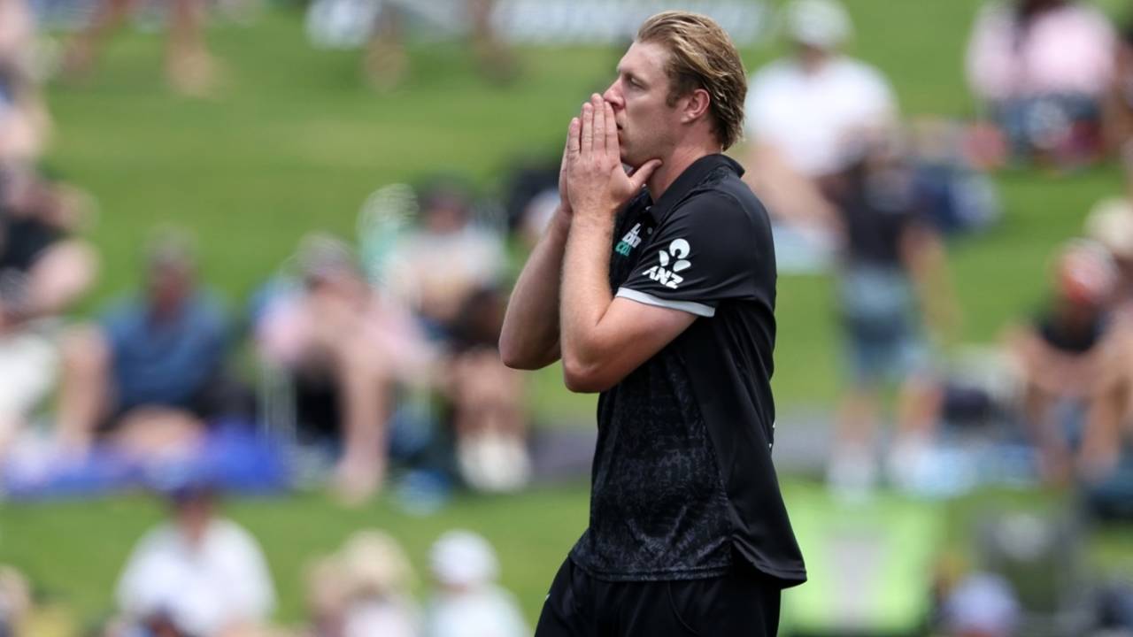 Kyle Jamieson reacts to a ball missing the outside edge, New Zealand vs West Indies, 3rd ODI, Hamilton, November 22, 2025