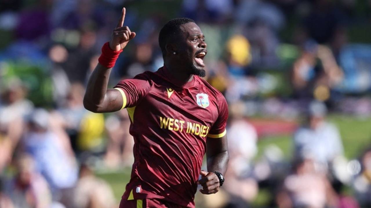 Jayden Seales celebrates after dismissing Devon Conway, New Zealand vs West Indies, 3rd ODI, Hamilton, November 22, 2025