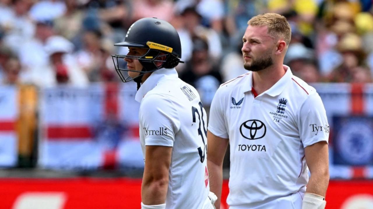 Jamie Smith and his partner Gus Atkinson wait for the third umpire's decision, Australia vs England, 1st Ashes Test, Perth, 2nd day, November 22, 2025
