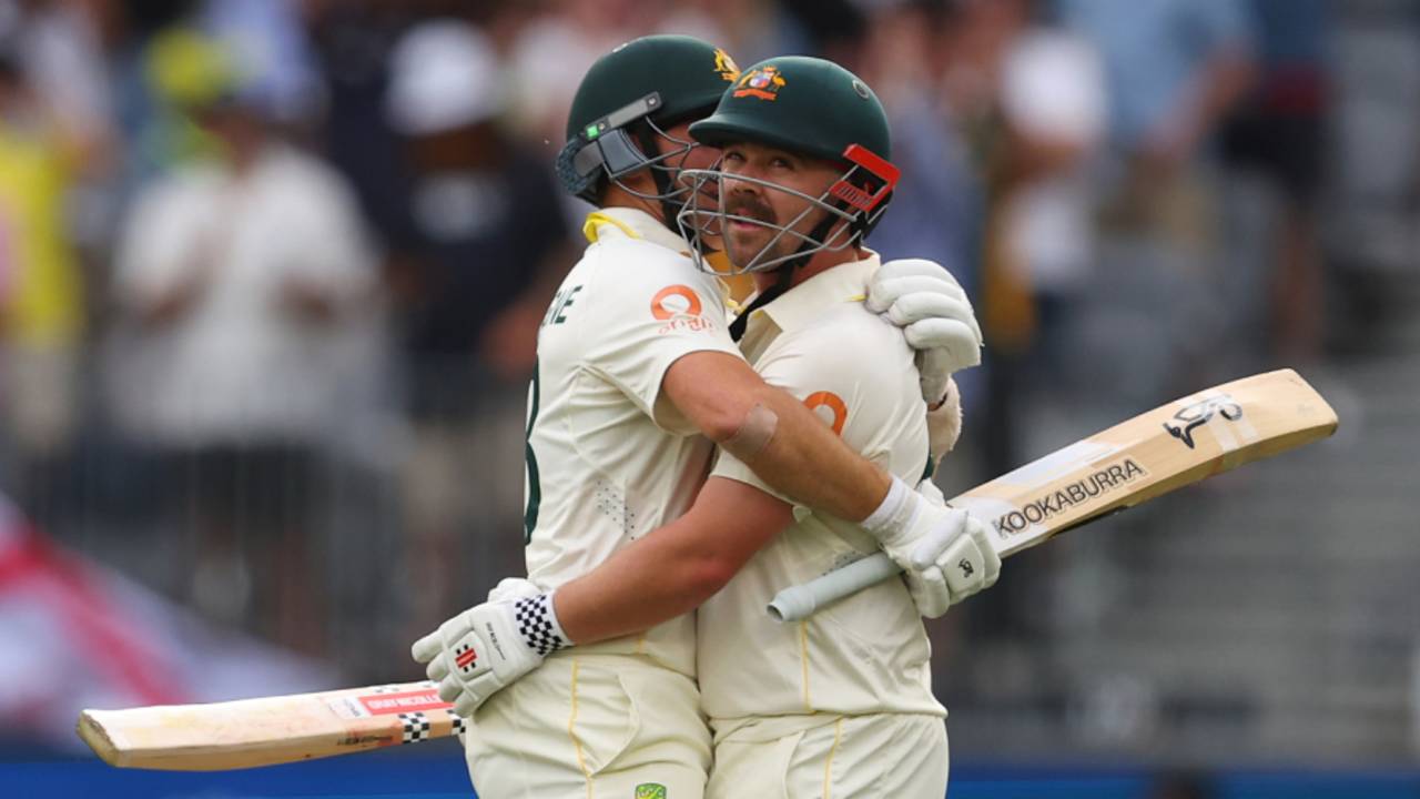 Travis Head and Marnus Labuschagne embrace after Head's thrilling 69-ball hundred, Australia vs England, 1st Test, The Ashes, Perth Stadium, November 22, 2025