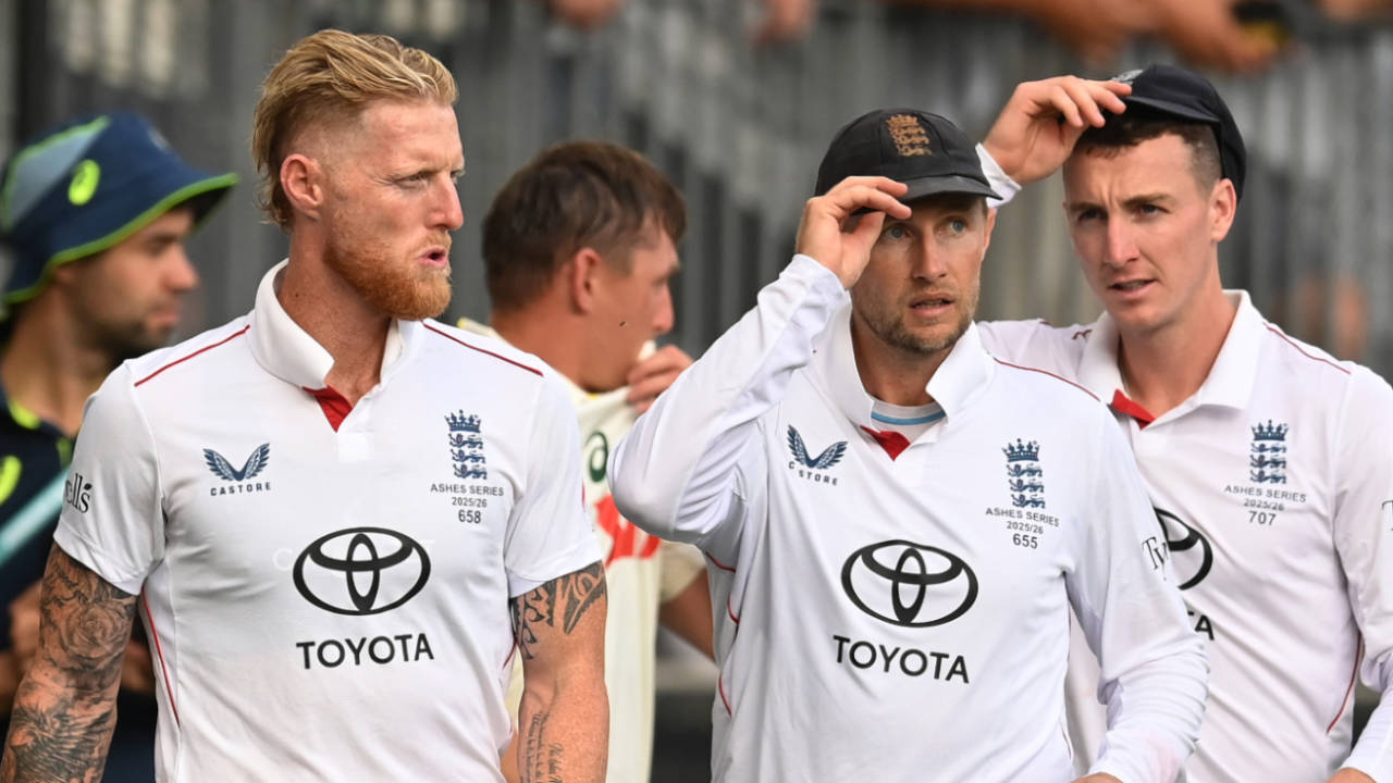 Ben Stokes, Joe Root and Harry Brook look bewildered as they leave the field in Perth, Australia vs England, 1st Test, The Ashes, Perth Stadium, November 22, 2025