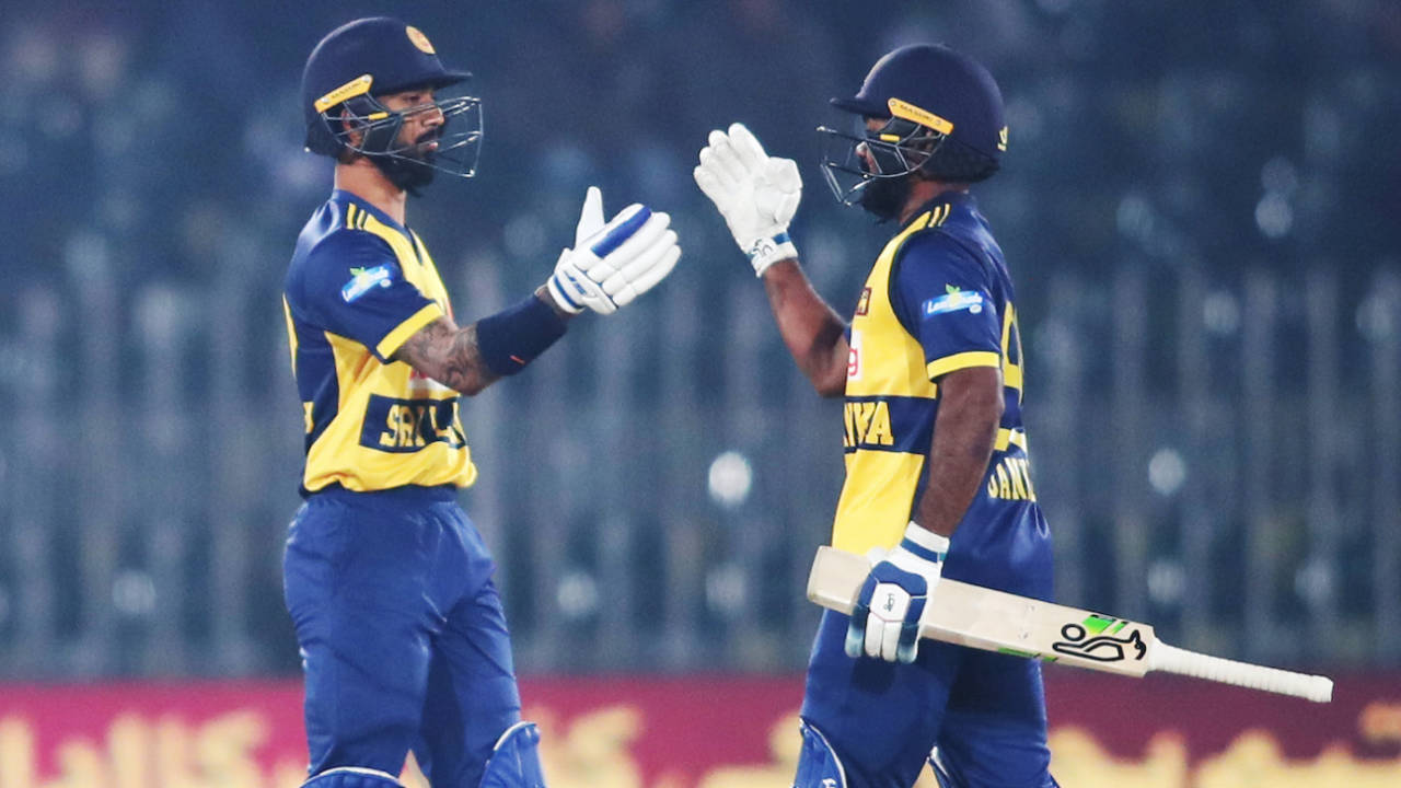 Kamil Mishara and Janith Liyanage celebrate the former's fifty, Pakistan vs Sri Lanka, 6th match, T20I tri-series, Rawalpindi, November 27, 2025