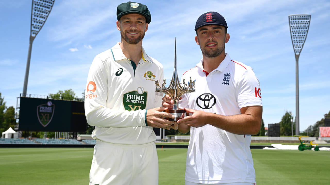 Peter Handscomb and Tom Haines pose with the trophy, Canberra, November 28, 2025