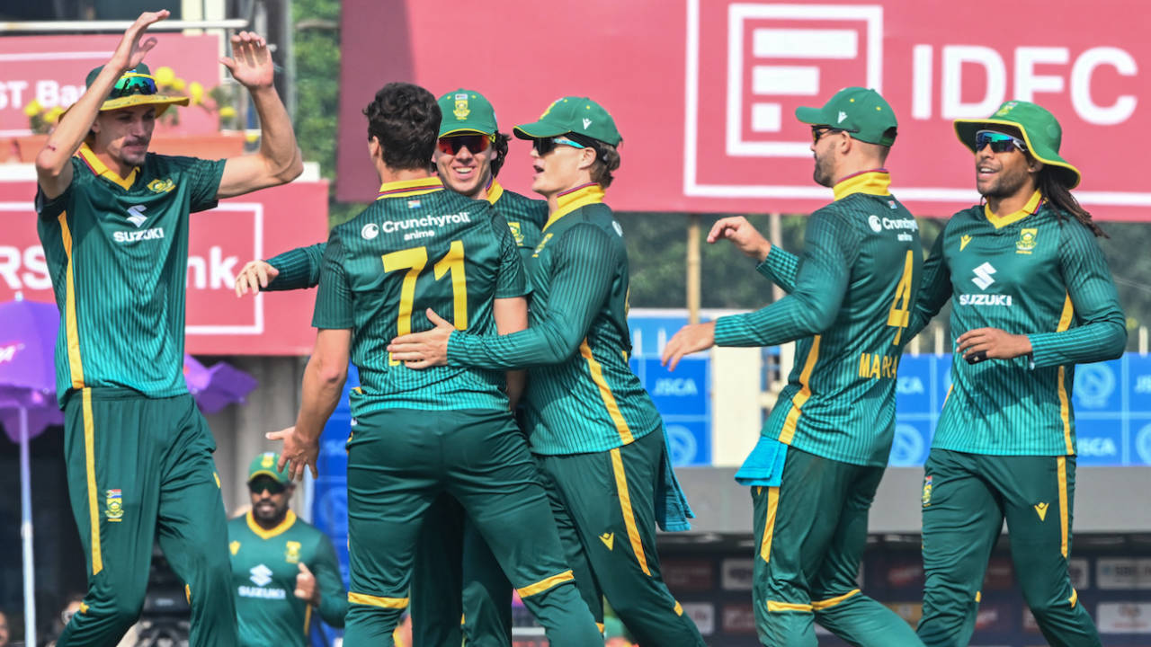 Nandre Burger celebrates after getting Yashasvi Jaiswal for 18, 1st ODI, Ranchi, November 30, 2025