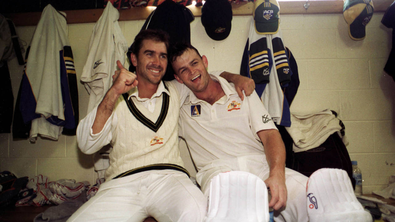 November 1999: Justin Langer and Adam Gilchrist are jubilant after securing victory for Australia against Pakistan in Hobart&nbsp;&nbsp;&bull;&nbsp;&nbsp;Jack Atley/Allsport/Getty Images