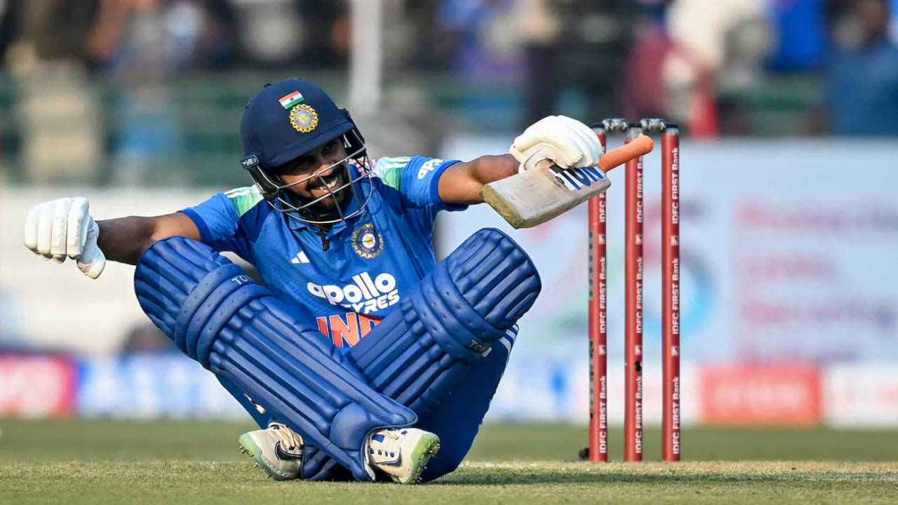 A cross-legged Ruturaj Gaikwad tries to regain his balance, India vs South Africa, 2nd ODI, Raipur, December 3, 2025