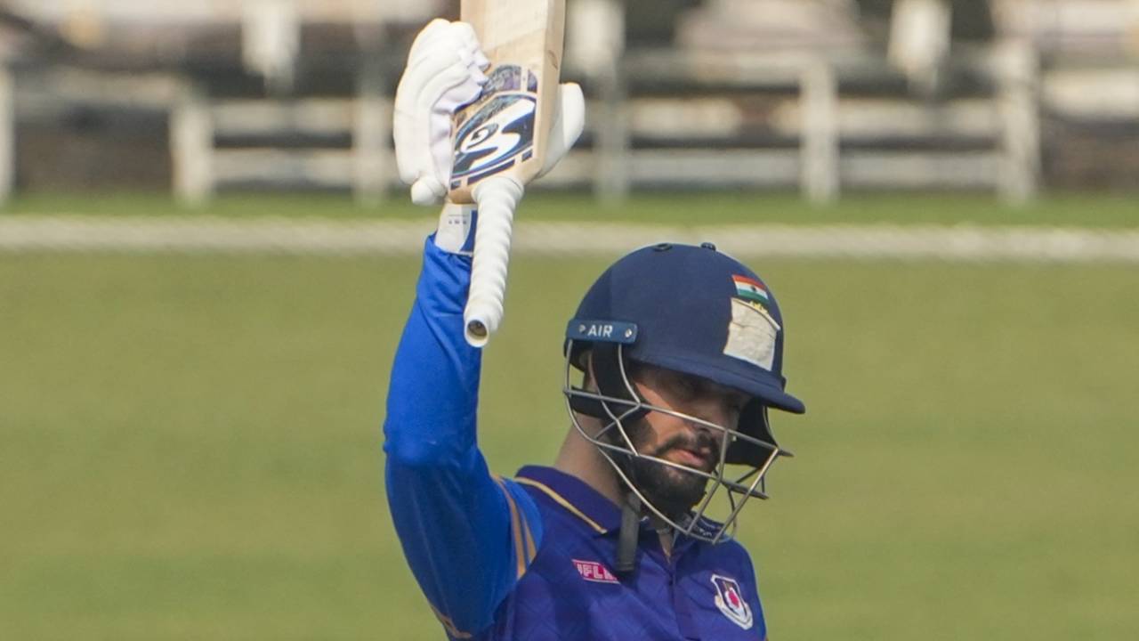 Sameer Rizvi raises his bat after reaching a half-century, Chandigarh vs Uttar Pradesh, SMAT 2025-26, Kolkata, December 4, 2024