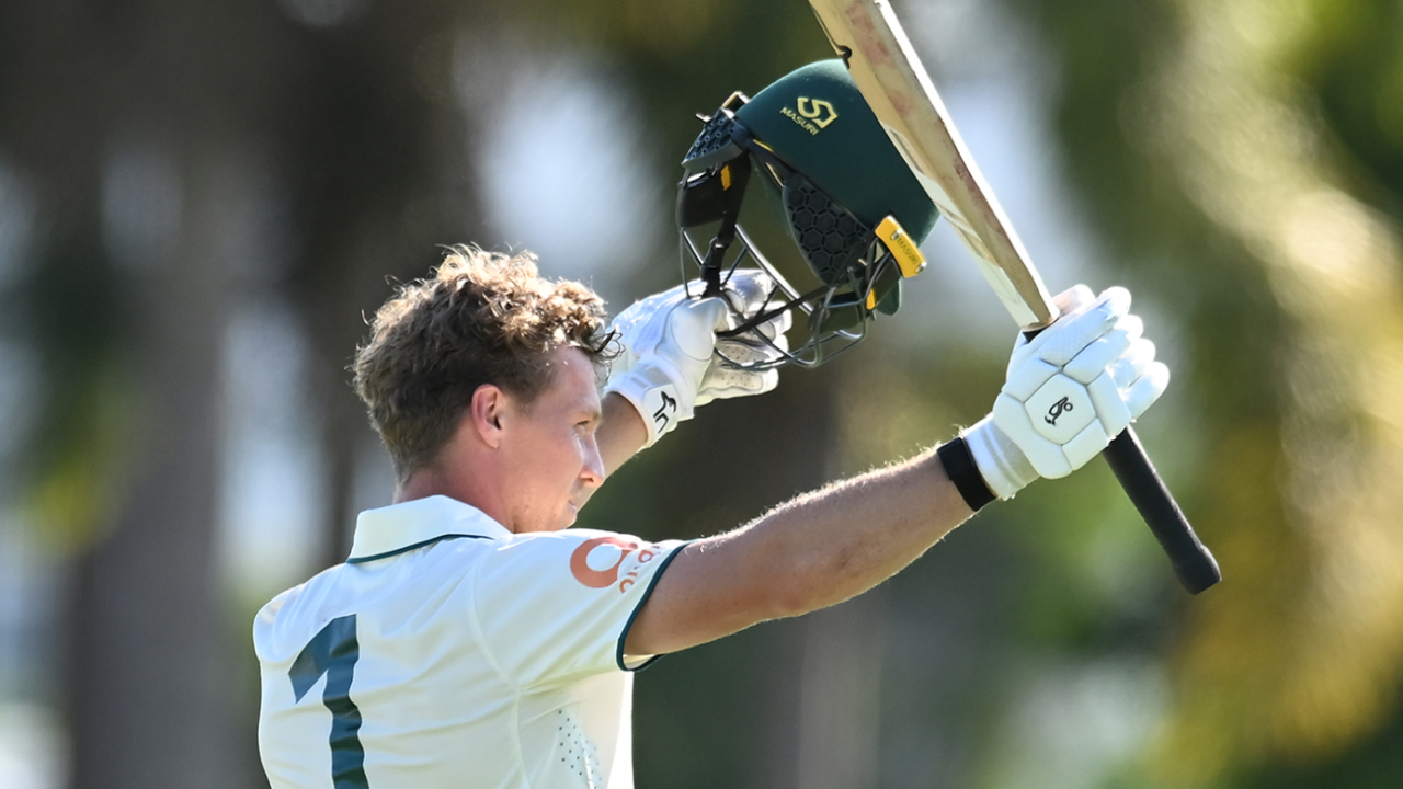 Nathan McSweeney celebrates his double century, Australia A vs England Lions, Allan Border Field, December 6, 2025