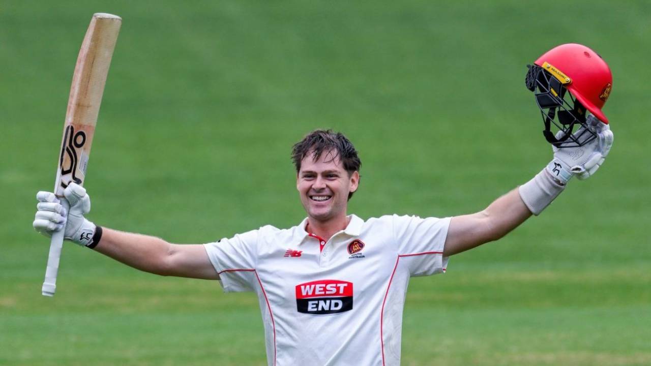 Liam Scott celebrates his maiden Shield century, South Australia vs Tasmania, Sheffield Shield, Adelaide Oval, December 5, 2025