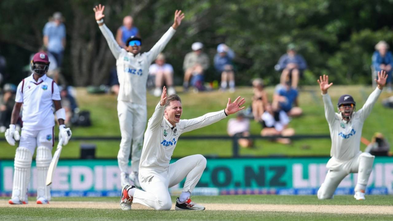 Michael Bracewell and New Zealand appeal but to no avail, New Zealand vs West Indies, 1st Test, Christchurch, 5th day, December 6, 2025
