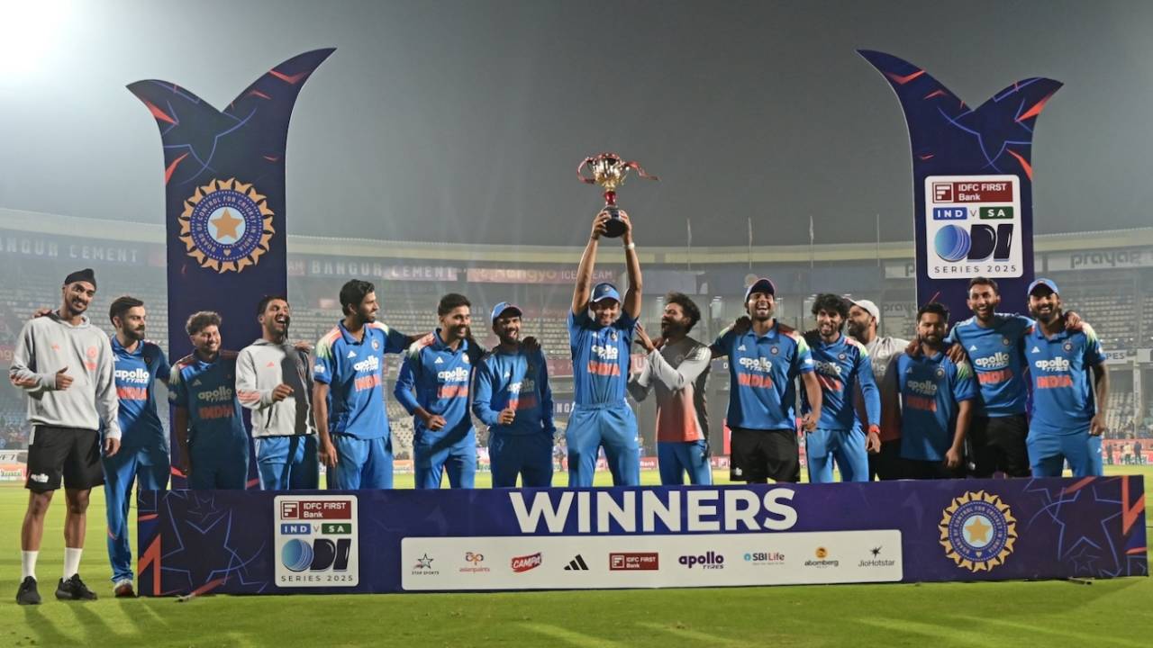 Yashasvi Jaiswal holds aloft the trophy as the team celebrates, India vs South Africa, 3rd ODI, Visakhapatnam, December 6, 2025