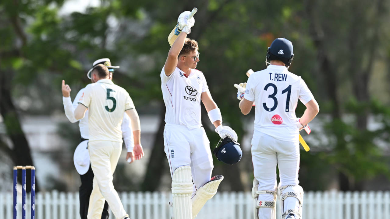 Asa Tribe celebrates his century, Australia A vs England Lions, Allan Border Field, December 7, 2025