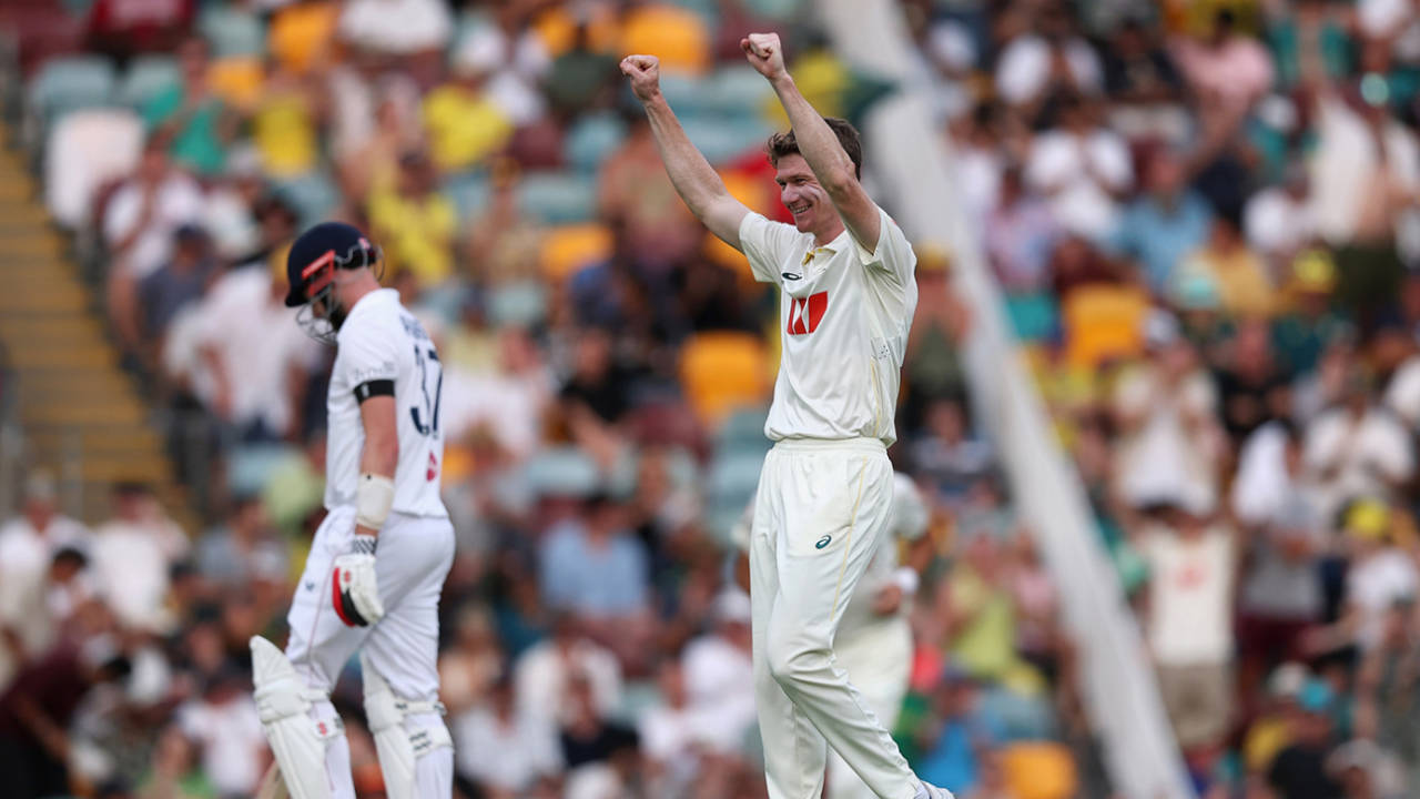 Brendan Doggett celebrates as Gus Atkinson falls into his trap, Australia vs England, 2nd Test, Brisbane, 4th day, December 7, 2025