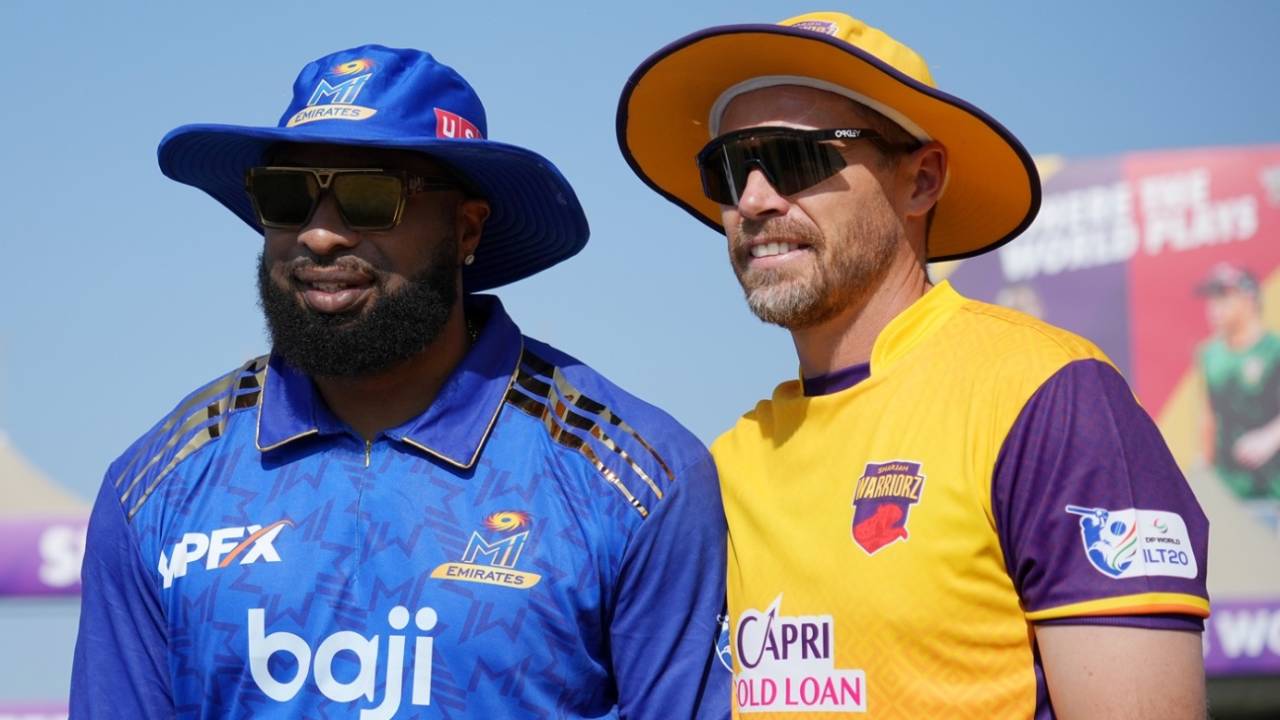 Kieron Pollard and Tim Southee at the toss, Sharjah Warriorz vs MI Emirates, ILT20 2025-26, Sharjah, December 7, 2025