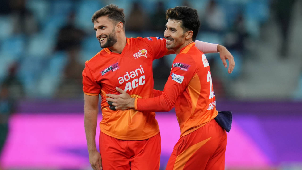 Azmatullah Omarzai and Rahmanullah Gurbaz celebrate a wicket, Desert Vipers vs Gulf Giants, ILT20 2025-26, Dubai, December 8, 2025