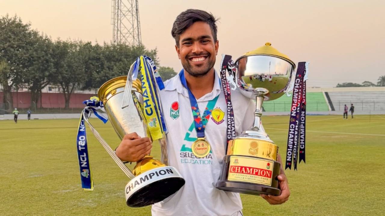 Akbar Ali with both NCL T20 and first-class trophies, Bogra, December 9, 2025