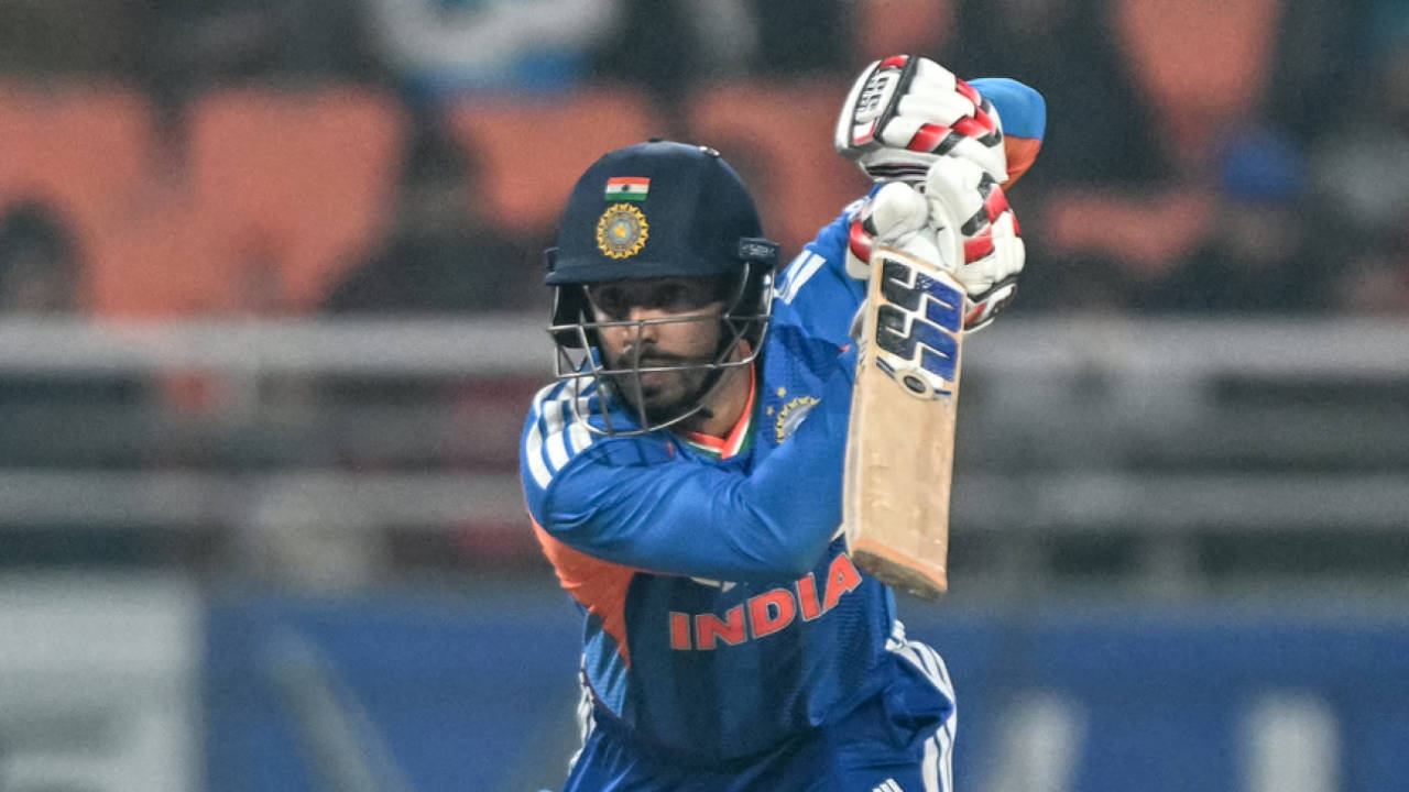 Jitesh Sharma plays a shot during his cameo, India vs South Africa, 2nd T20I, New Chandigarh, December 11, 2025