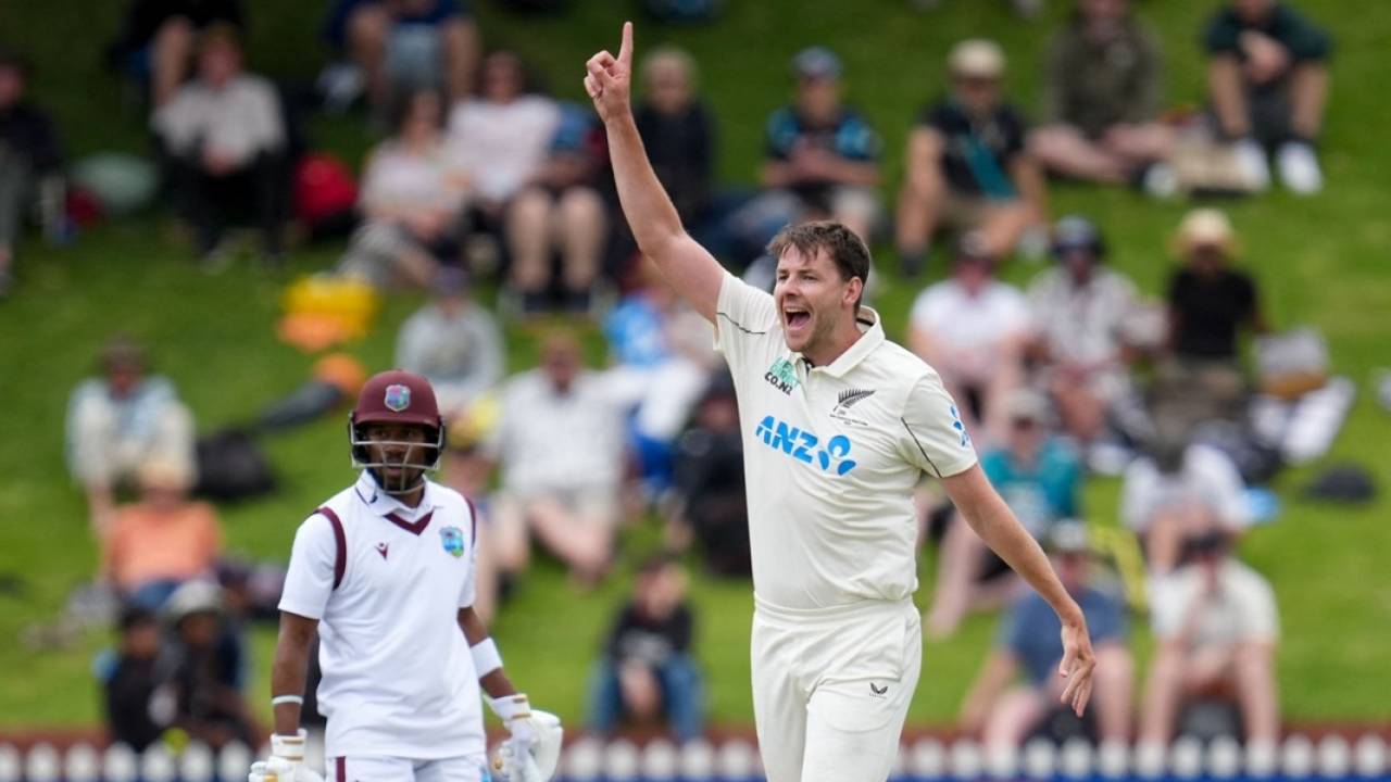 Jacob Duffy celebrates the wicket of Roston Chase, New Zealand vs West Indies, 2nd Test, Wellington, 3rd day, December 12, 2025