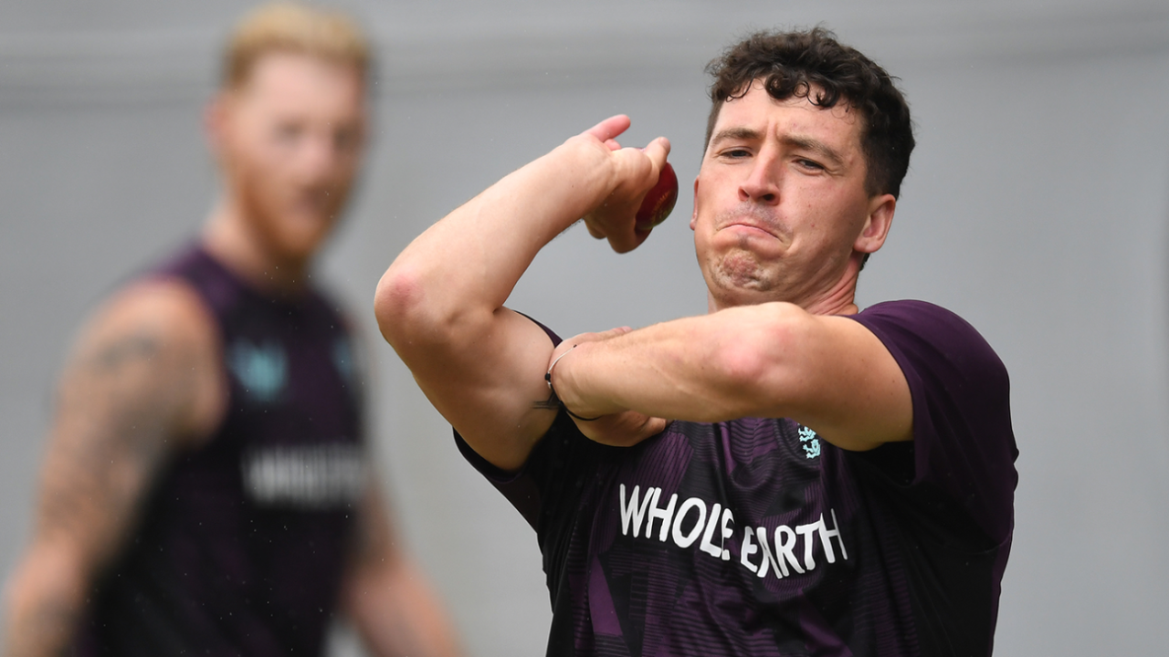 Matthew Fisher, called up as Mark Wood's replacement, bowls in the nets, Adelaide, December 14, 2025