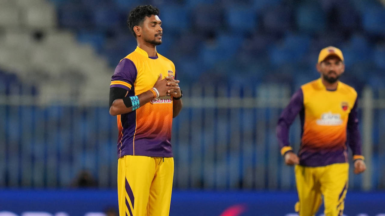 Matheesha Pathirana started with a wicket maiden, Gulf Giants vs Sharjah Warriorz, ILT20 2025-26, Sharjah, December 15, 2025