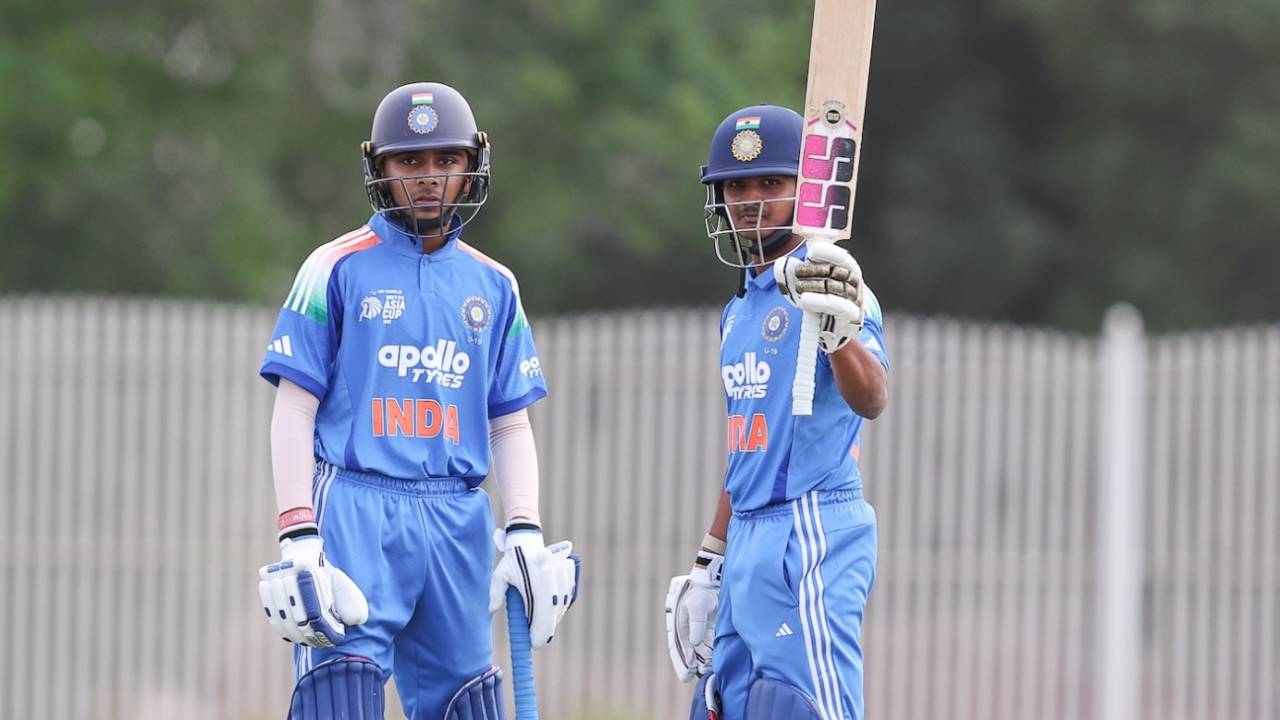 Abhigyan Kundu celebrates his century as vedant Trivedi looks on, India vs Malaysia, Under-19 Asia Cup, Dubai, December 16, 2025