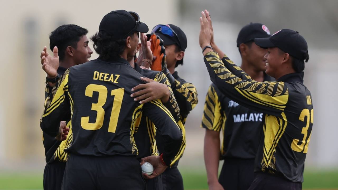 The Malaysia players celebrate a wicket, India vs Malaysia, Under-19 Asia Cup, Dubai, December 16, 2025