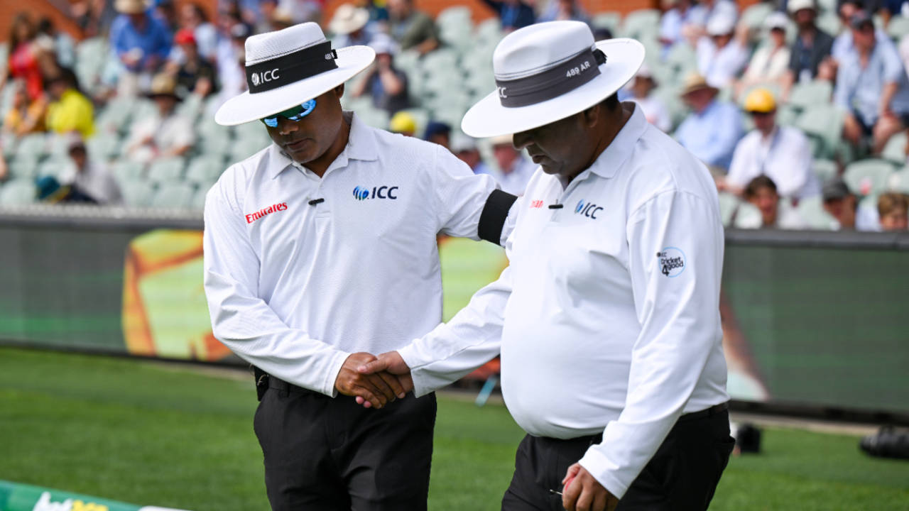 Umpires Nitin Menon and Ahsan Raza shake hands as they take the field, Australia vs England, 3rd Test, 3rd day, Adelaide, December 19, 2025