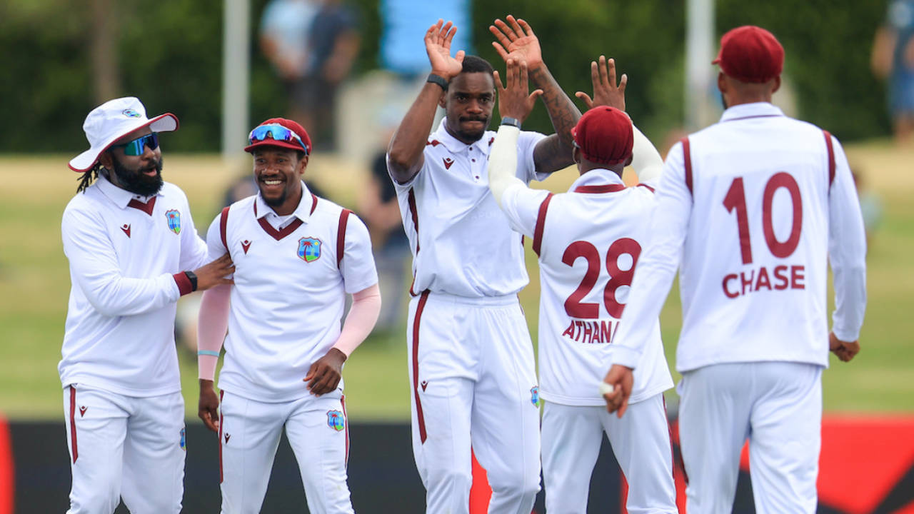 Justin Greaves celebrates Kane Williamson's wicket, New Zealand vs West Indies, 3rd Test, Mount Maunganui, 2nd day, December 19, 2025