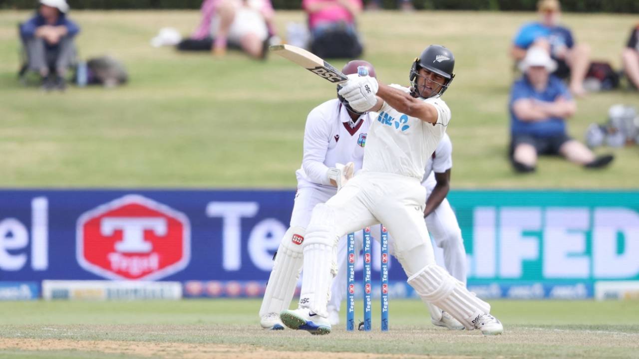 Rachin Ravindra powers the ball away, New Zealand vs West Indies, 3rd Test, Mount Maunganui, 2nd day, December 19, 2025