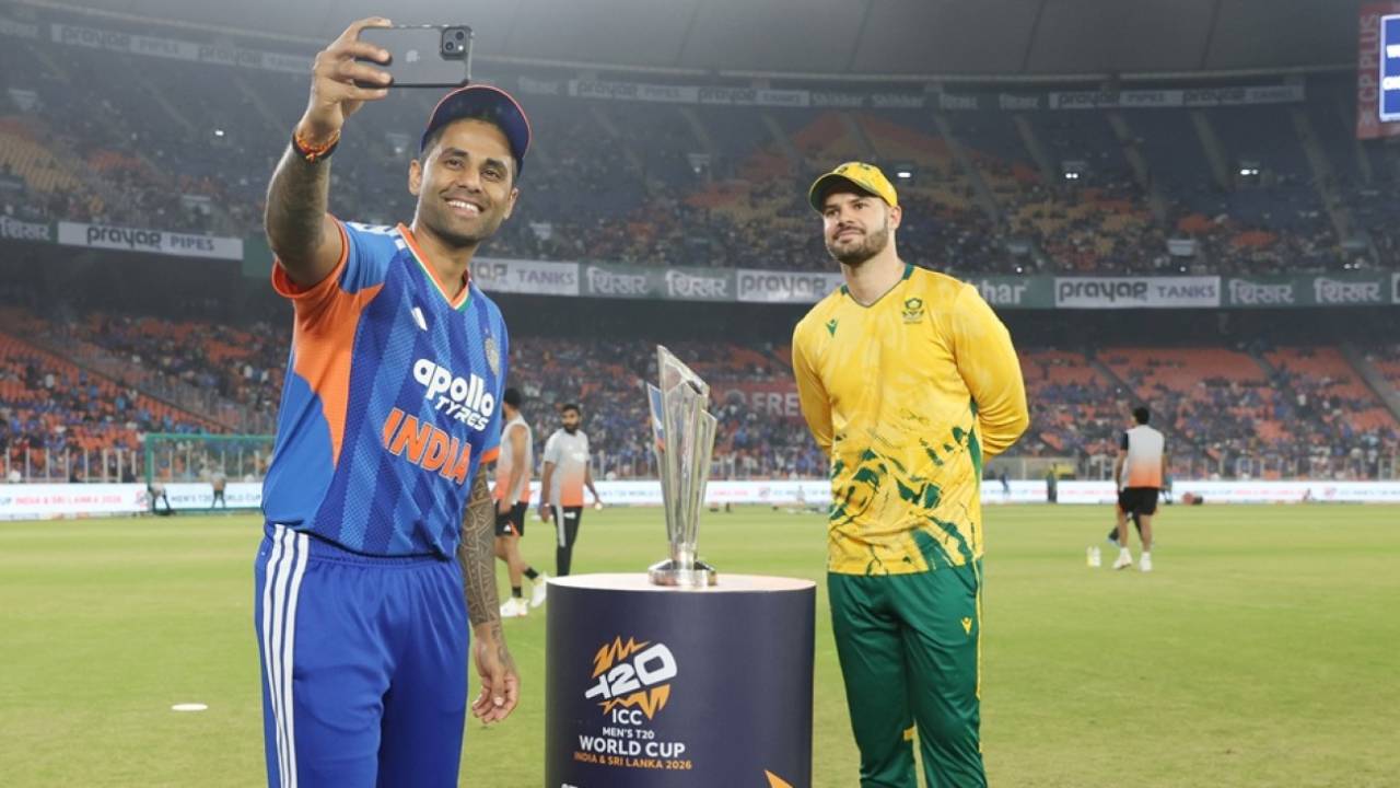 Suryakumar Yadav and Aiden Markram pose with the men's T20 World Cup trophy, India vs South Africa, 5th T20I, Ahmedabad, December 19, 2025