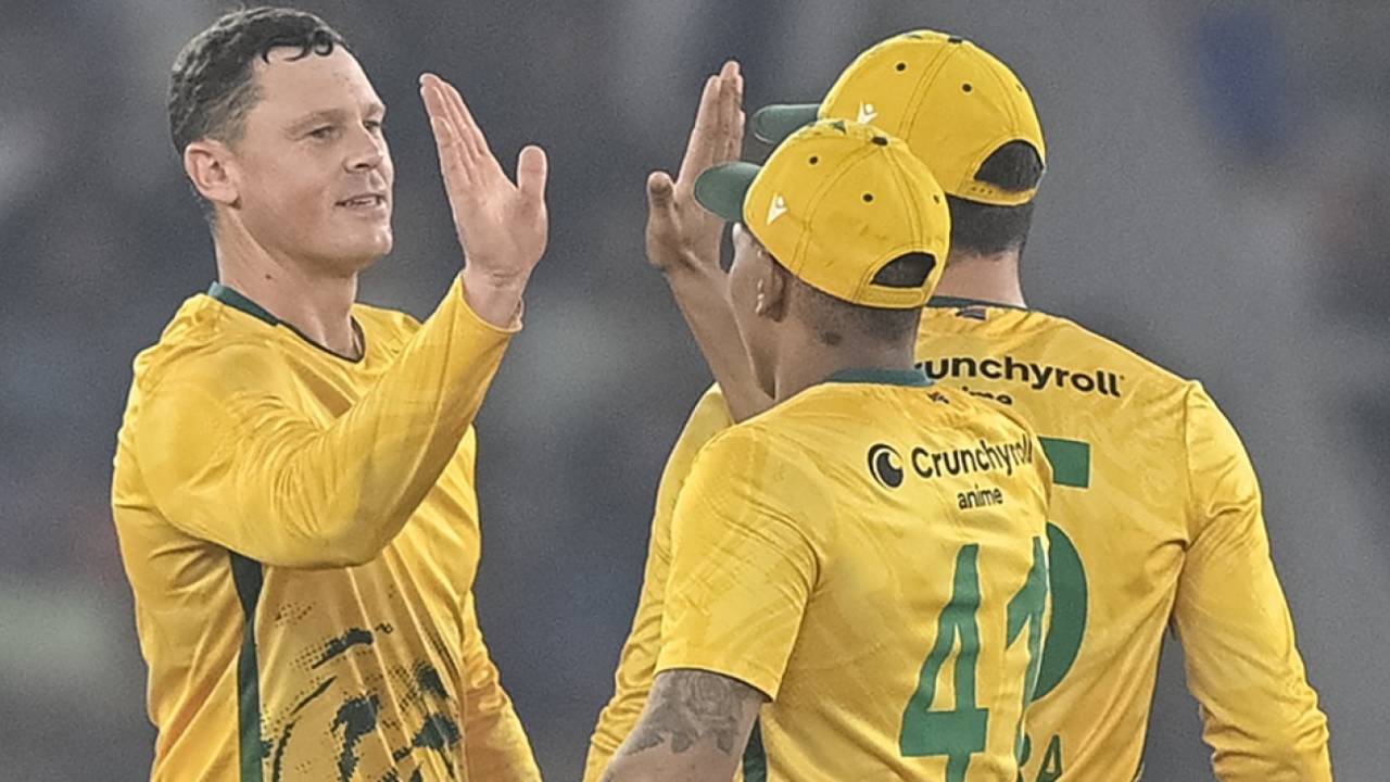 George Linde celebrates Sanju Samson's wicket, India vs South Africa, 5th T20I, Ahmedabad, December 19, 2025