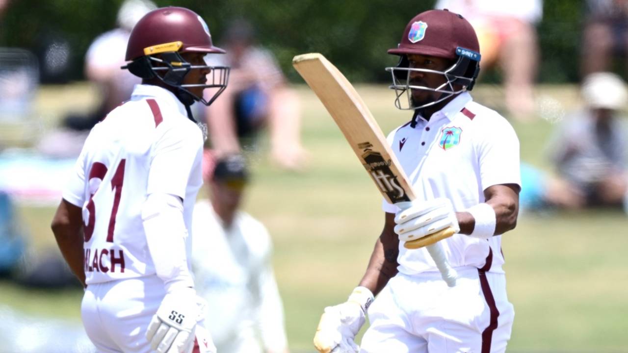 Kavem Hodge celebrates his half-century with Tevin Imlach, New Zealand vs West Indies, 3rd Test, Mount Maunganui, 3rd day, December 20, 2025