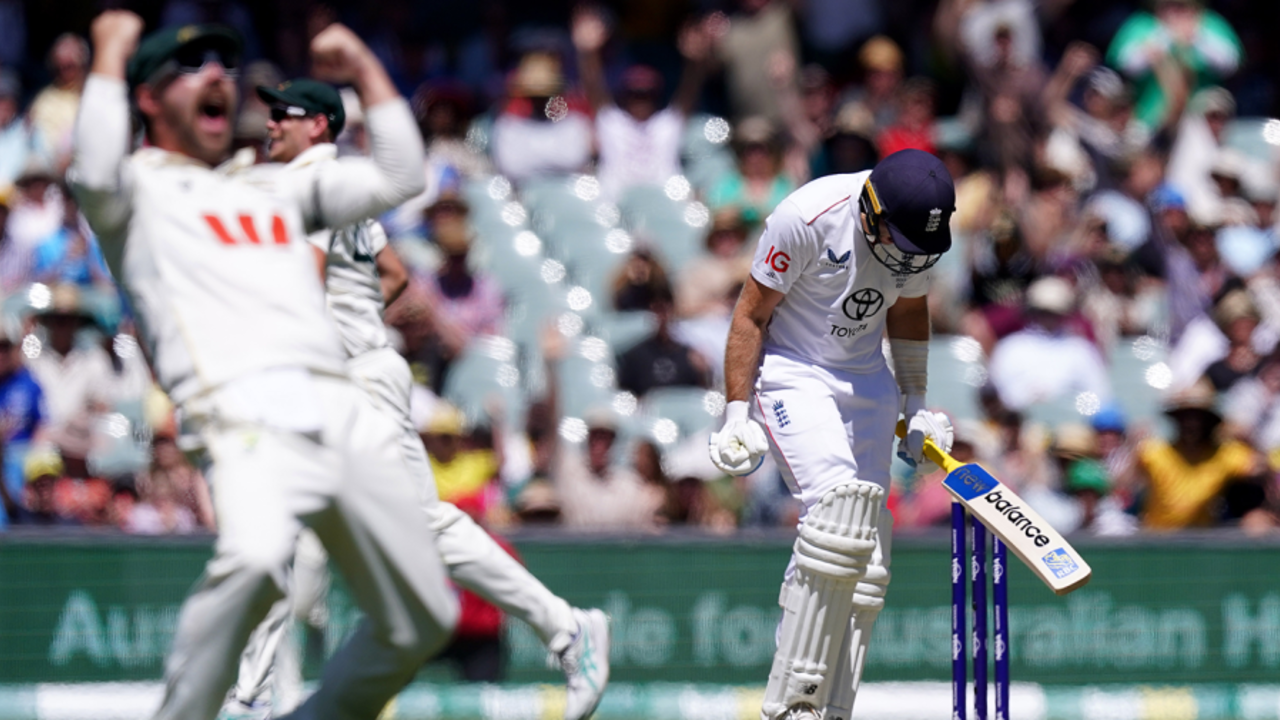 Contrasting emotions: Travis Head celebrates as Joe Root falls, Australia vs England, 3rd Test, Adelaide, 4th day, December 20, 2025