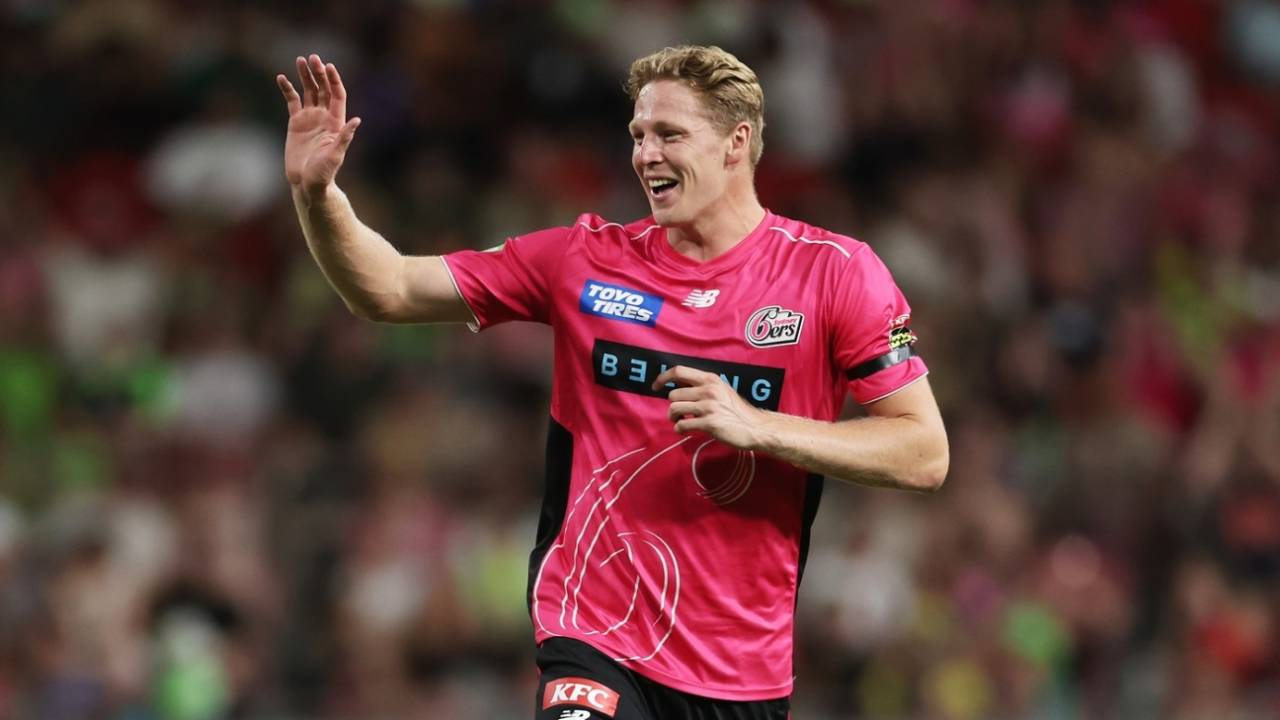 Jack Edwards celebrates a wicket, Sydney Thunder vs Sydney Sixers, BBL, ENGIE Stadium, December 20, 2025
