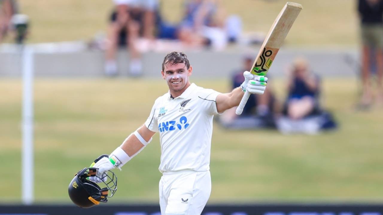 Tom Latham celebrates a second century in the Test, New Zealand vs West Indies, 3rd Test, Mount Maunganui, 4th day, December 21, 2025