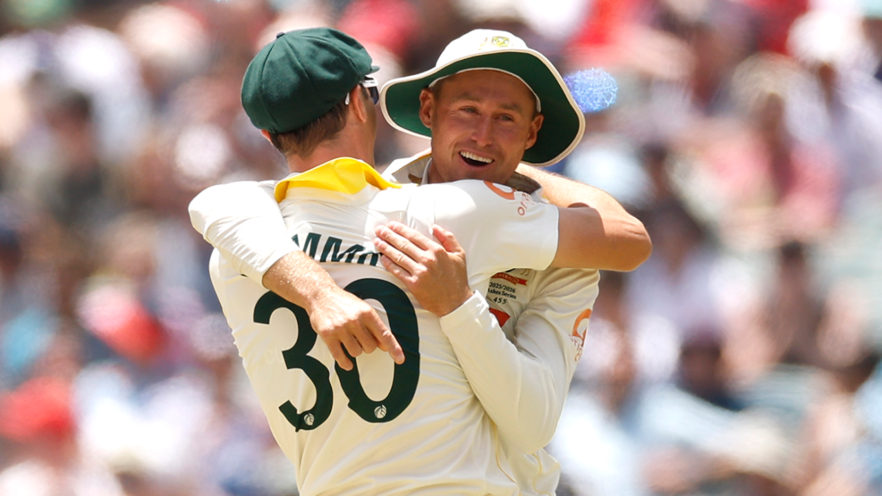 Pat Cummins hugs Marnus Labuschagne after his stunning catch, Australia vs England, 3rd Test, Adelaide, 5th day, December 21, 2025
