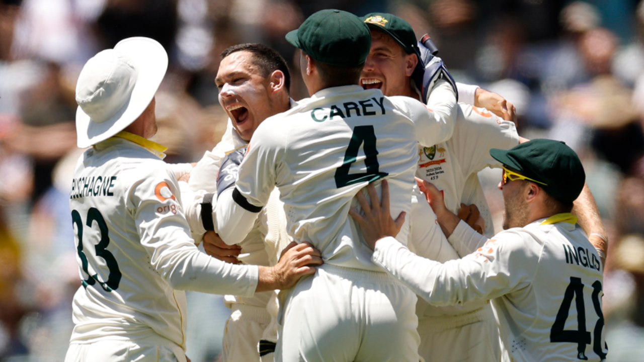 Australia celebrate with Scott Boland after the final wicket falls, Australia vs England, 3rd Test, Adelaide, 5th day, December 21, 2025