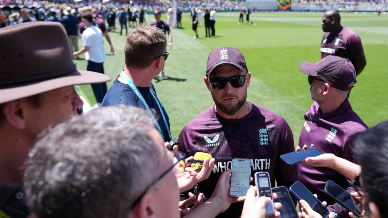 Brendon McCullum speaks to the media after England's Ashes series defeat, Australia vs England, 3rd Test, Adelaide, 5th day, December 21, 2025