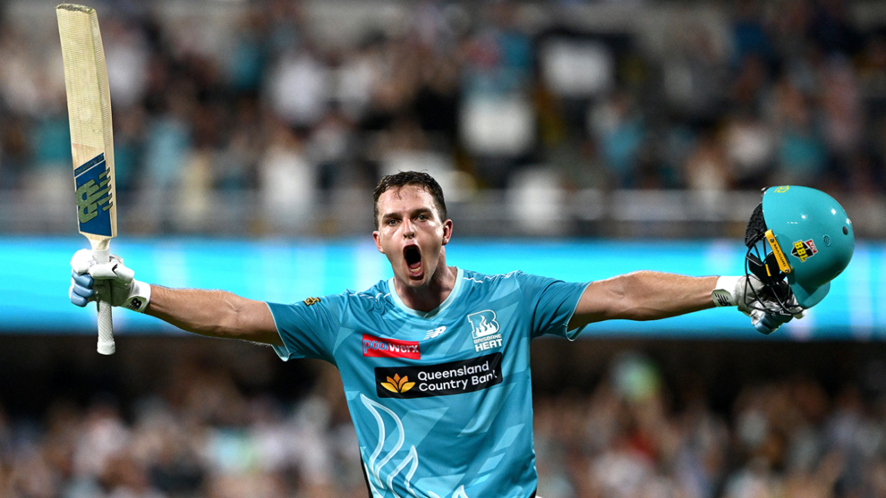 Jack Wildermuth celebrates the winning runs in a record chase, Brisbane Heat vs Perth Scorchers, BBL, Brisbane, December 19, 2025