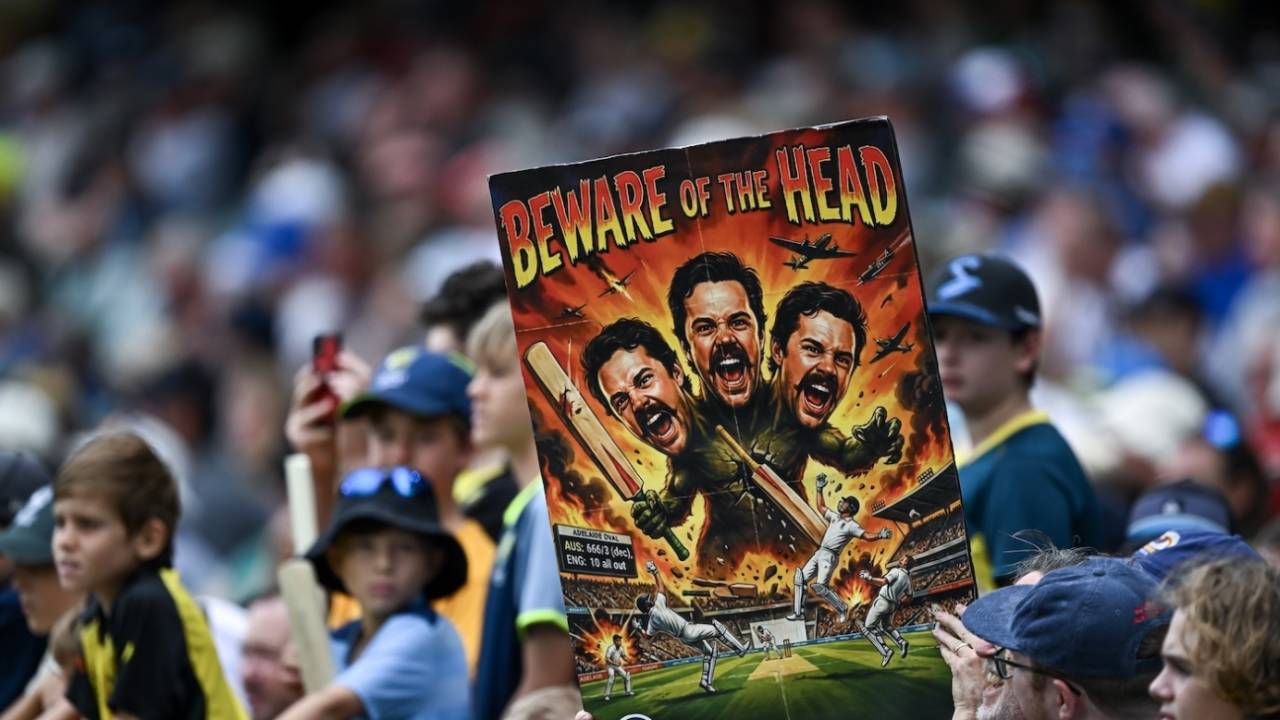 A poster in the stands celebrates Travis Head, Australia vs England, 3rd Test, Adelaide, 5th day, December 21, 2025