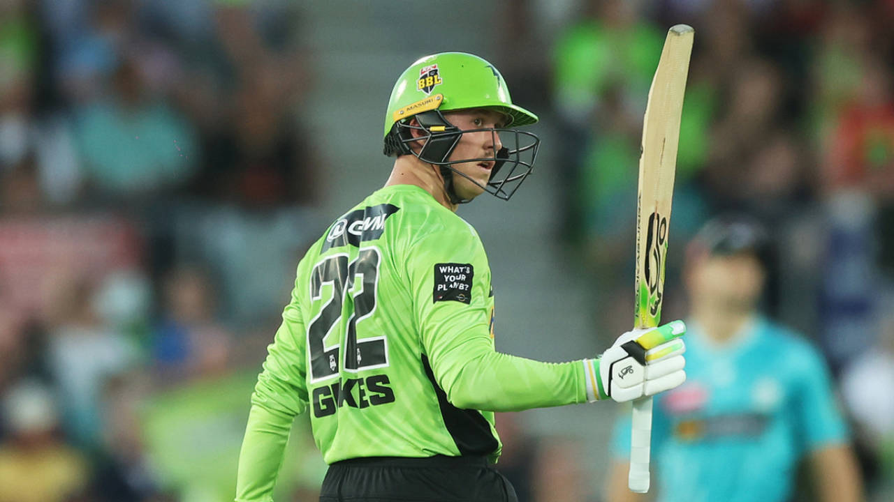 Matthew Gilkes celebrates his fifty, Sydney Thunder vs Brisbane Heat, BBL 2025-26, Canberra, December 22, 2025