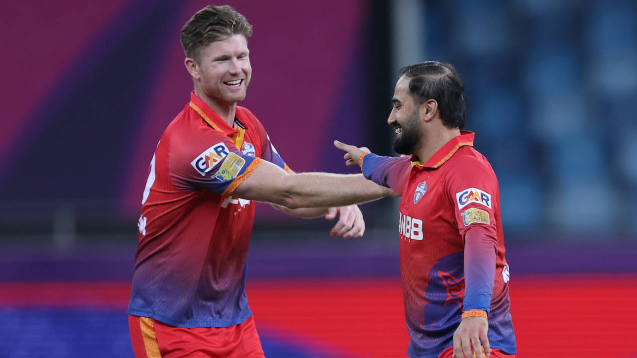 Waqar Salamkheil, who finished with 2 for 29, celebrates with James Neesham, Dubai Capitals vs Sharjah Warriorz, ILT20 2025-26, Dubai, December 24, 2025