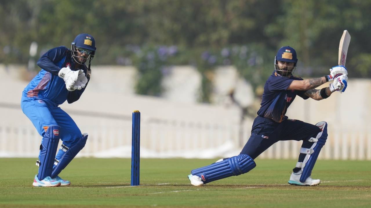 Virat Kohli cuts the ball on his way to a half-century, Delhi vs Gujarat, Vijay Hazare Trophy, Bengaluru, December 26, 2025